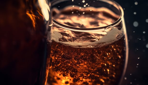 Frothy beer drop on cold glass outdoors generated by AI photo