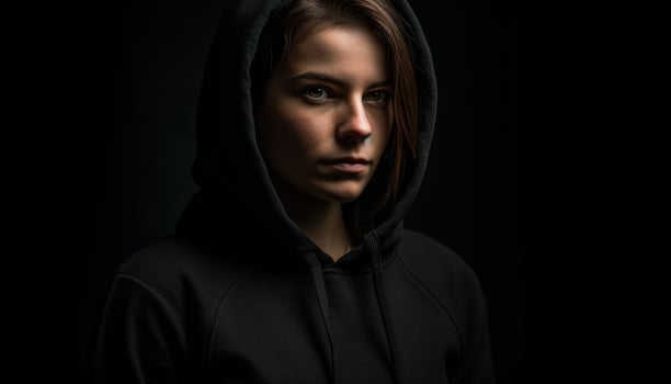 Hooded young adult in black, looking serious generated by AI photo