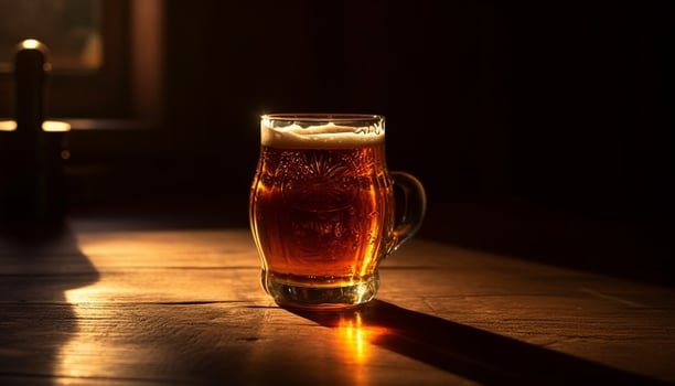 Frothy beer in gold pint glass illuminates pub generated by AI photo