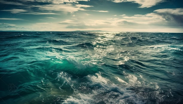 Sunset surfers ride waves in tranquil motion generated by AI photo