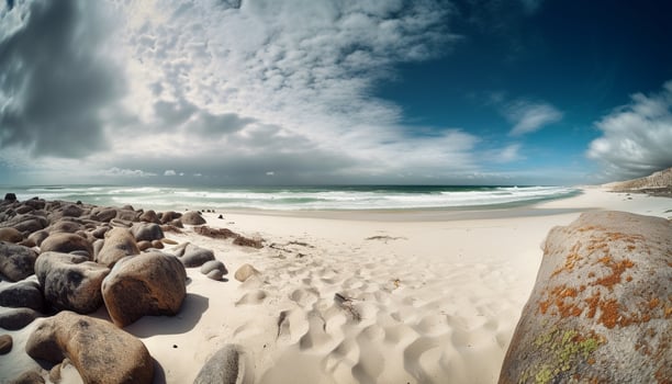 Tranquil seascape waves crash on rocky shore generated by AI photo