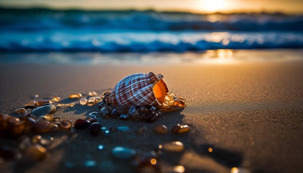 Sunset seashell reflects tranquil waters, nature beauty generated by AI photo