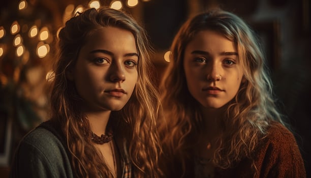 Two young women looking at camera, smiling generated by AI photo