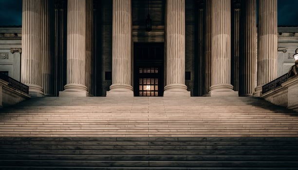 Neo classical courthouse facade illuminated at night generated by AI photo