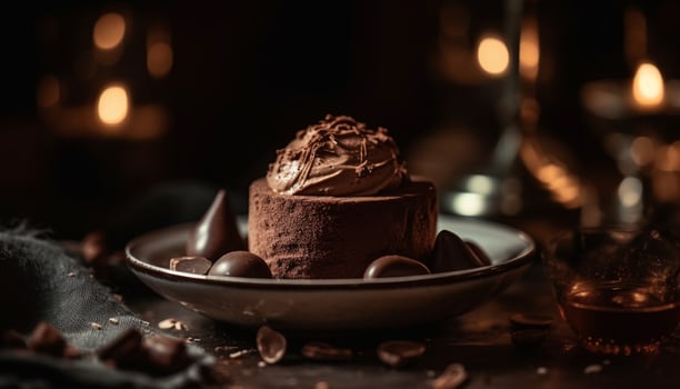 Indulgent chocolate dessert on rustic wooden table generated by AI photo