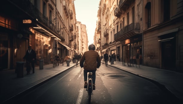 Silhouette cycling through city streets at dusk generated by AI photo