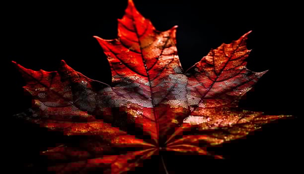 Vibrant maple leaf vein on black backdrop generated by AI photo
