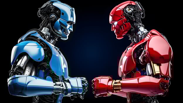 Competition of AI Artificial Intelligence technology business concept, Red and Blue AI Artificial Intelligence humanoid robot boxing face off a contestant in a boxing match, illustration photo