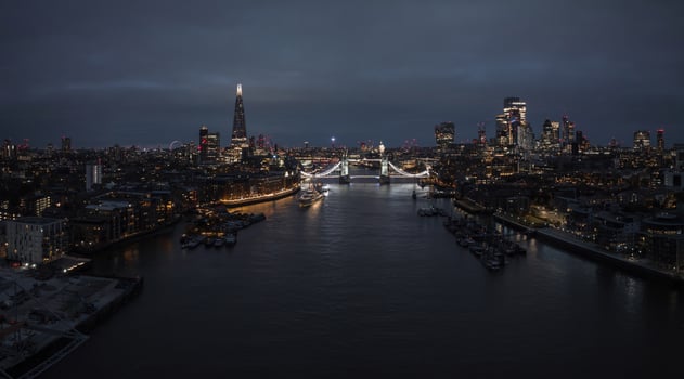 Aerial night view of the Tower Bridge in London. photo