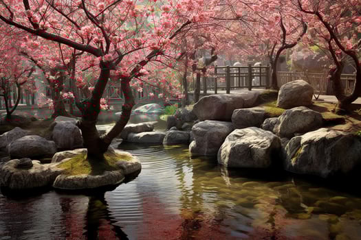 Waterside rockery plum blossom petal rain. photo
