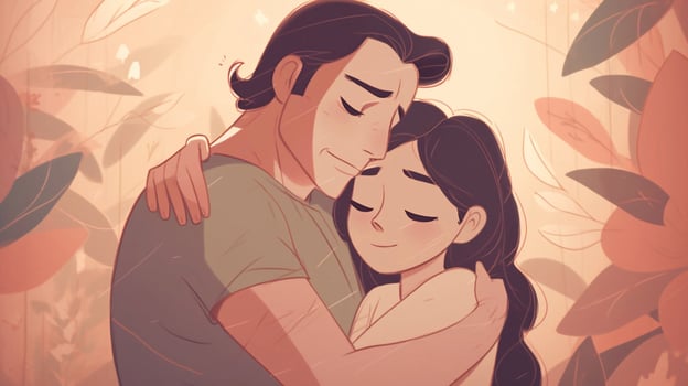 Illustration of a father hugs his daughter in a warm and heartfelt hug in cartoon style photo