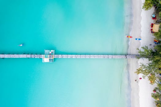 Tourist canoeing by wooden pier in turquoise sea and the beach on summer at tropical island photo
