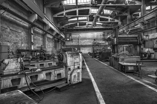 Factory with old industrial machinery.Black and white. Horizontal view photo