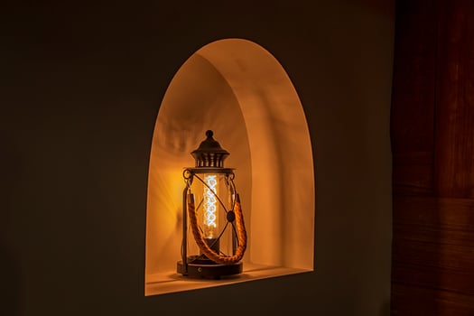 Old fashioned lantern with led lights. Vintage decoration home photo
