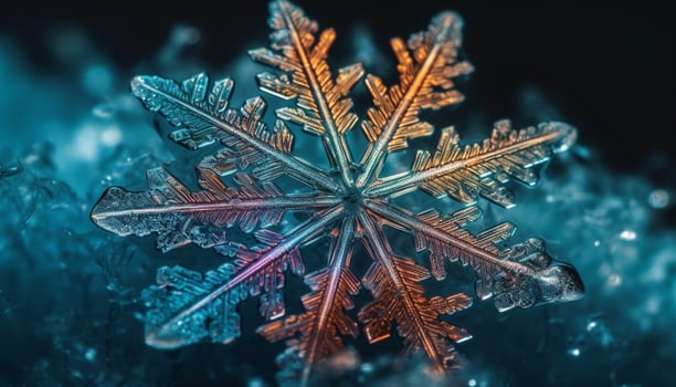 Crystal snowflakes sparkle on icy branches, winter ornate decoration generated by AI photo