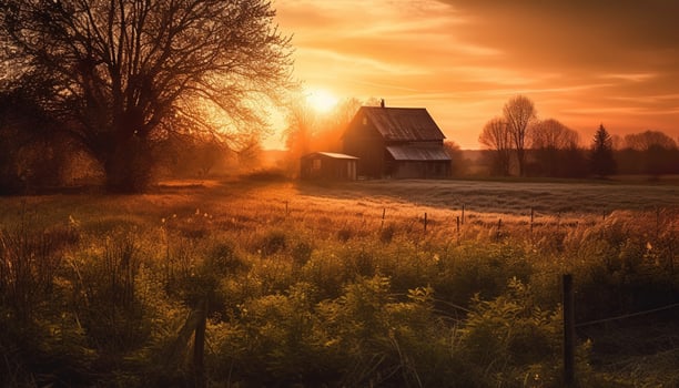 Rustic barn and farmhouse in tranquil meadow at sunset generated by AI photo