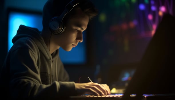 One young man enjoying music with headphones in recording studio generated by AI photo
