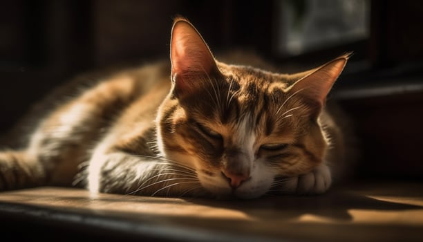 A cute, fluffy kitten with striped fur sleeping indoors peacefully generated by AI photo