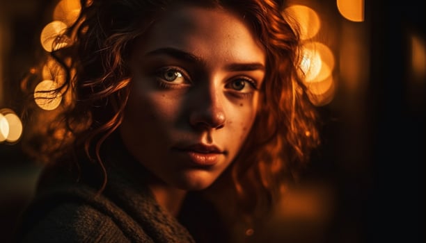 One beautiful young woman, illuminated at night, smiling at camera generated by AI photo