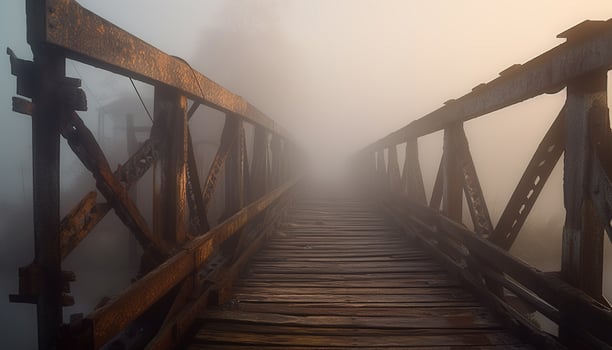 A tranquil footbridge vanishing into the misty autumn landscape generated by AI photo