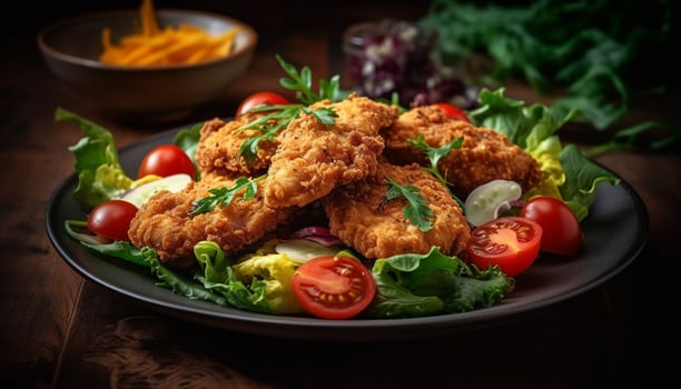 Grilled chicken fillet with fresh salad, a healthy lunch option generated by AI photo