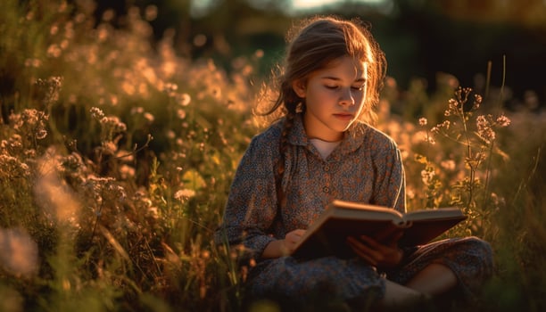 A carefree girl enjoying literature in the beauty of nature generated by AI photo