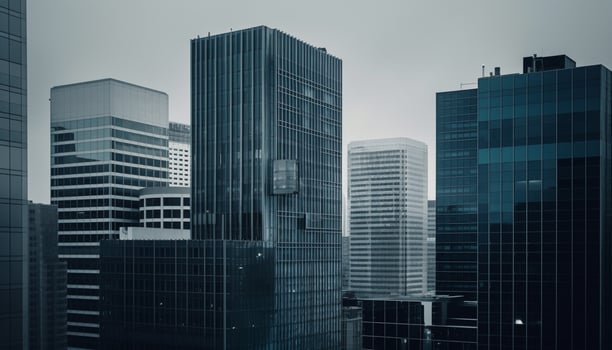 Modern skyscraper facade reflects futuristic city life in monochrome toned image generated by AI photo