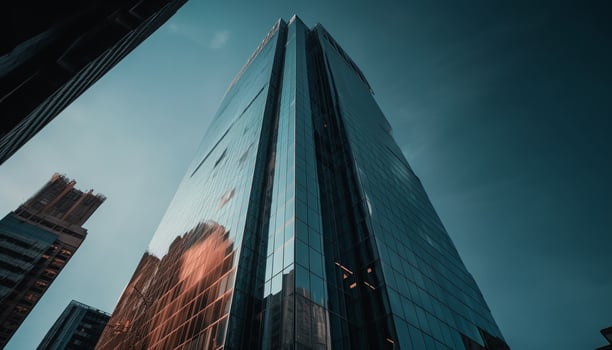 A futuristic skyscraper illuminates the city skyline at dusk generated by AI photo