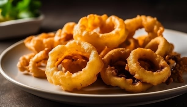Deep fried calamari and onion rings, a gourmet seafood appetizer generated by AI photo