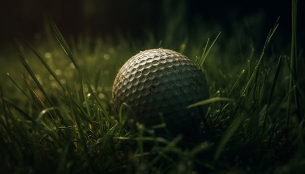 Golfer teeing off on green turf, hitting golf ball successfully generated by AI photo