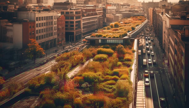 Rush hour traffic blurs under illuminated city skyline at dusk generated by AI photo