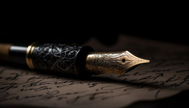 Antique quill pen writes history on parchment manuscript page generated by AI photo