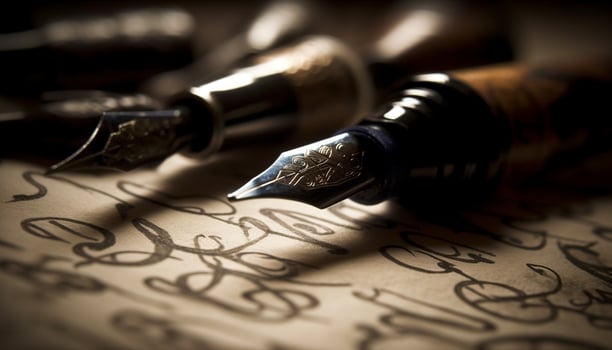 Antique fountain pen writes elegant calligraphy on old document generated by AI photo