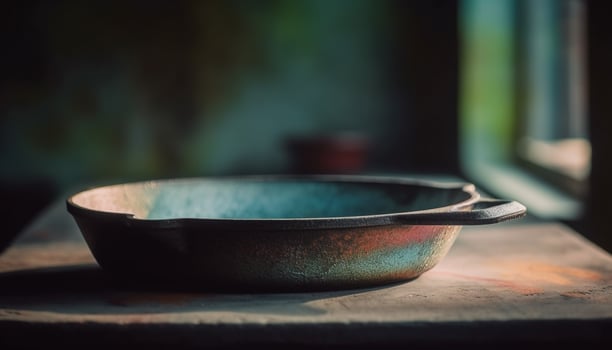 Rustic pottery bowl on wooden table, surrounded by crockery generated by AI photo