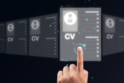 Recruitment concept. Human Resource Manager chooses new people to join an organization or support a cause. The man uses AI hologram to find a best person. photo