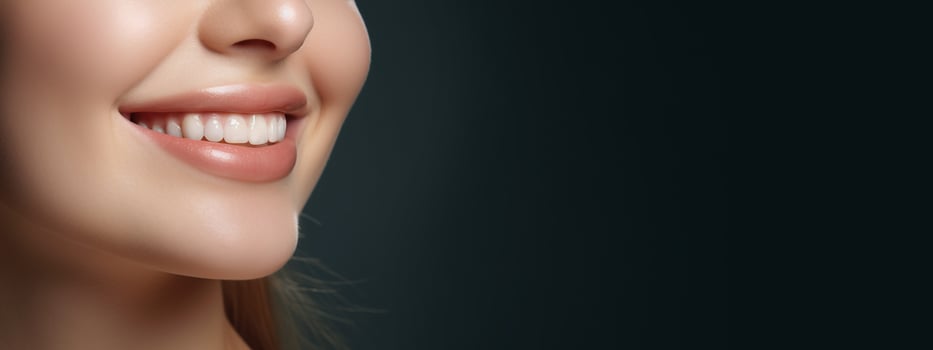 Banner tooth whitening Perfect white teeth close up, dental care and stomatology Copyspace for text. photo