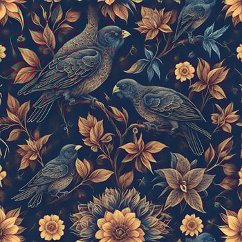 Seamless patterns of flowers and birds. photo