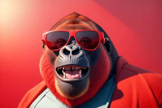 Funny gorilla with smiling face in red sunglasses. photo