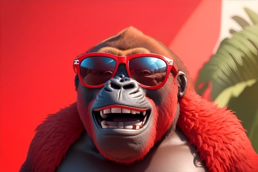 Funny gorilla with smiling face in red sunglasses. photo