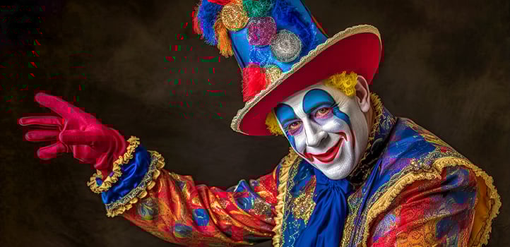 laughing joker in colorful clothes, theatrical entertainment for children and adults, made with photo