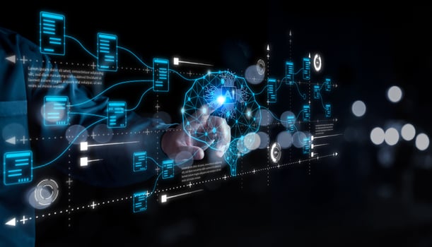 AI Technology. Businessman touch brain working data and Algorithm of Artificial Intelligence in the future business and coding software development synchronize network connection, Data science. photo