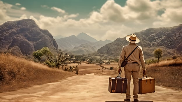 traveler from mountain top with lugagge photo