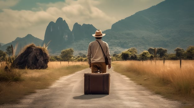 traveler from mountain top with lugagge photo