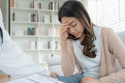 woman with mental health problems is consulting. psychiatrist is recording the patient's condition for treatment. encouragement, love and family problem, bipolar , depression patient, protect suicide photo