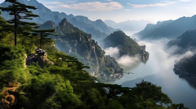 A temple at a mountain ranges of hills and valleys filled with green trees filled with mist, golden hour evening sunset. Top of the mountain view. photo