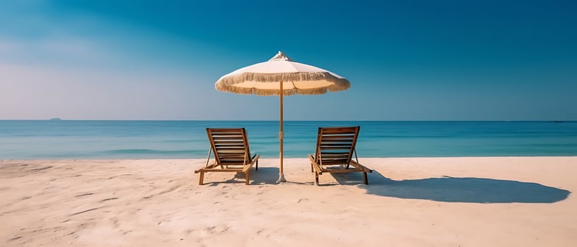 Summer chairs and umbrellas are set up on a tropical beach with a backdrop of blue sky and sea. photo