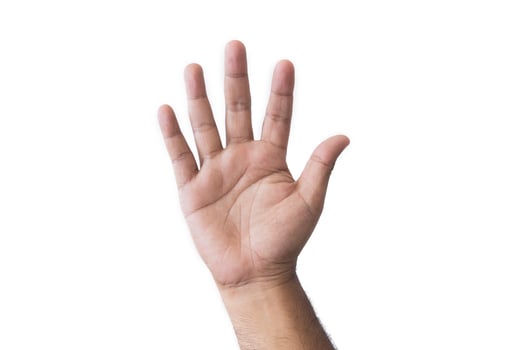 Close-up man's hand goodwill gesture. Open outstretched hand, showing five fingers, extended in greeting copy space isolated on white background. Space for text. photo