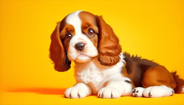 Cute spaniel puppy on orange background with copy space. photo