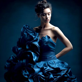 A pretty girl woman poses for the camera in a blue ruffled dress against a dark background photo