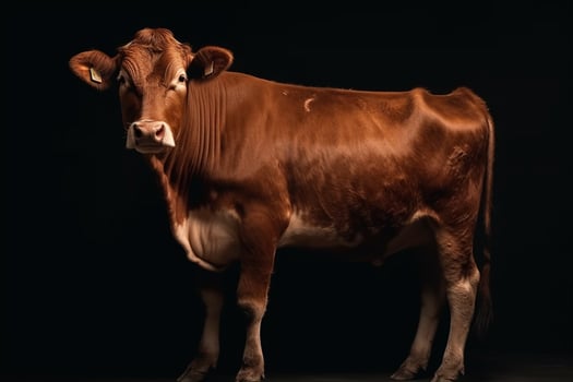 Brown Cow Isolated on Black Background, front view, studio shot photo